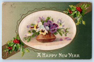 New Year Postcard Flowers Holly Berries Winsch Back Embossed c1910's Antique