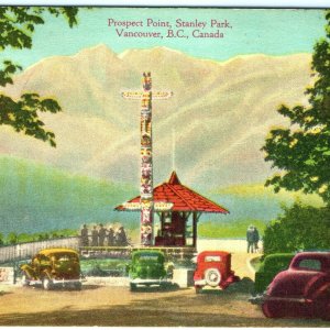 1950s Vancouver, BC Prospect Point, Stanley Park Postcard Cars Totem Pole A25