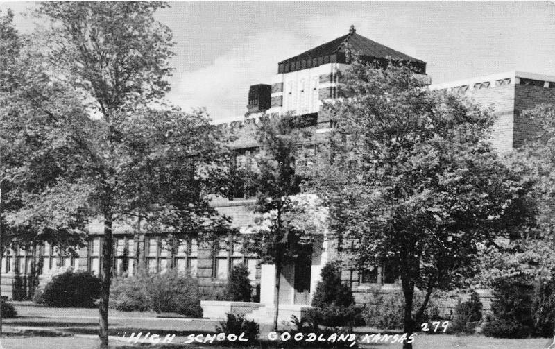 Goodland Kansas~High School Building~Lots of Trees on Lawn~1950s B&W Postcard