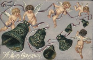 Christmas Angels Bells Embossed c1910s Postcard