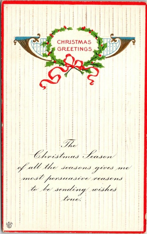 VINTAGE POSTCARD CHRISTMAS GREETINGS FANCY EMBOSSING MAILED 1914