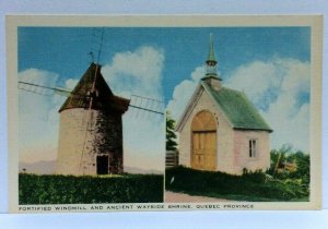 Quebec Canada Fortified Windmill Ancient Shrine Dual View Linen Vintage Postcard 