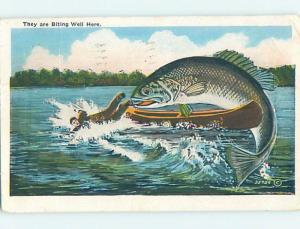 Pre-Linen fishing fantasy BITING WELL - HUGE FISH KNOCKS MAN FROM BOAT HJ1800