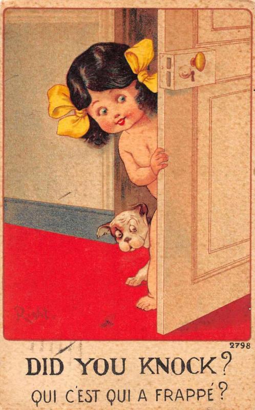 Little Girl with Puppy Artist Signed Antique Postcard J46574