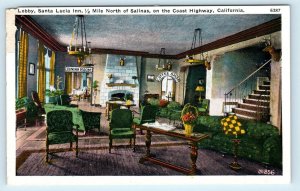 SALINAS, CA California~ SANTA LUCIA INN Lobby c1920s Roadside  Postcard