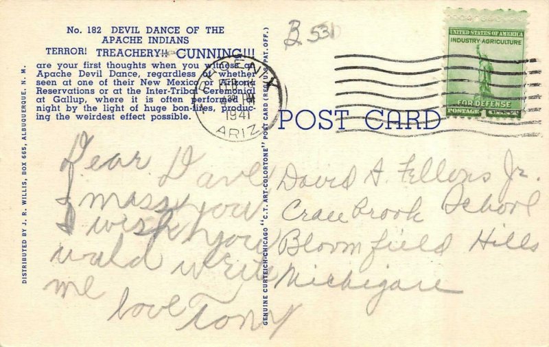 Native Americana  APACHE INDIAN DEVIL DANCE  Headdress~Masks  1941 Postcard