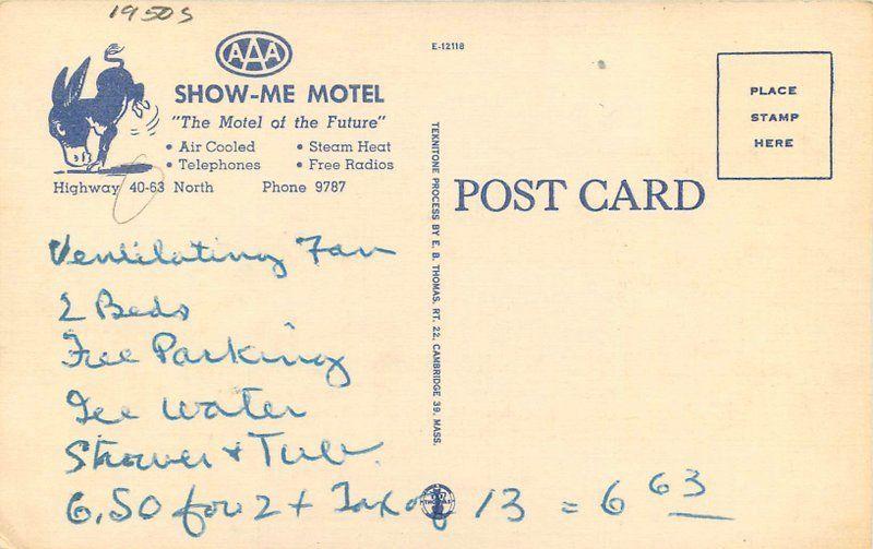 Auto Columbia Missouri 1950s Show Me Motel Roadside Thomas postcard 2212