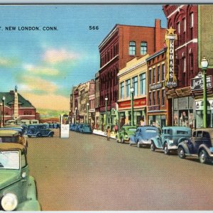 c1940s New London, CT Downtown State Street Roadside Main St Car Crowd Sign A207