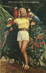 Parrot Jungle Miami Florida Advertising Postcard Pinup Girl Macaws Map on Back