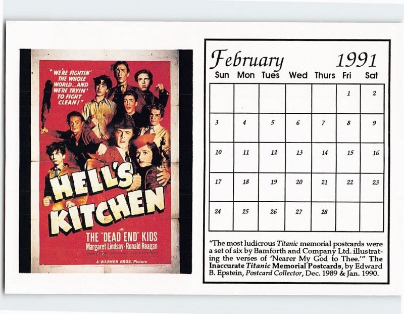 Postcard Hells Kitchen February 1991 Movie Poster Calendar