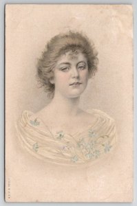 Art Nouveau Beautiful Woman Cornflower Dress Sketch Style 1904 Postcard B38