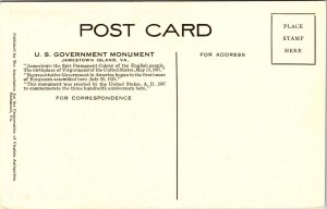 US Government Monument Jamestown Island VA Virginia WB Postcard VTG UNP Vintage 