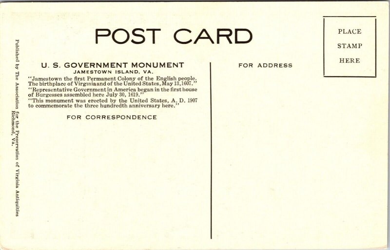 US Government Monument Jamestown Island VA Virginia WB Postcard VTG UNP Vintage 