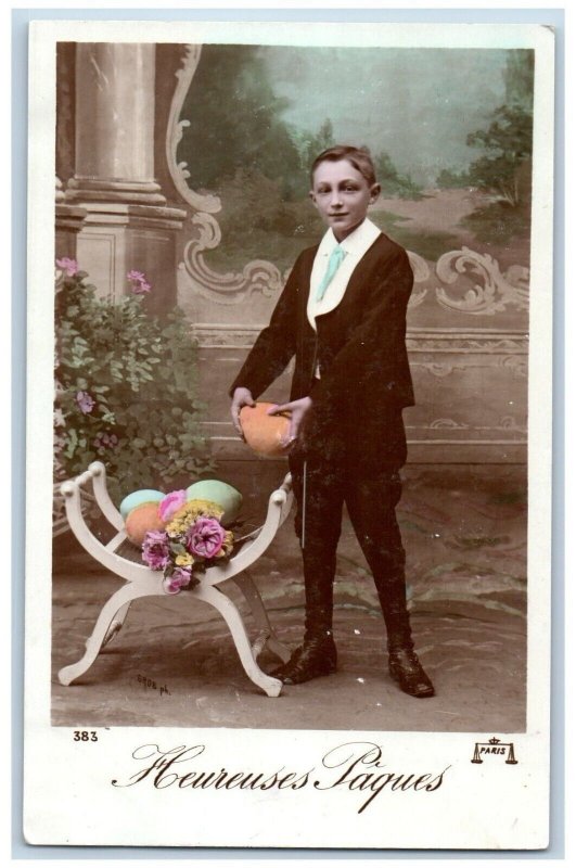 France Postcard RPPC Photo Easter Boy With Eggs And Flowers Studio c1910's
