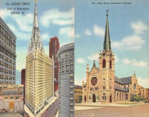 IL, Illinois CHICAGO TEMPLE & HOLY NAME CATHEDRAL *Two* c1940's Linen Postcards 