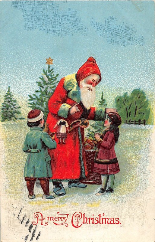 G6/ Santa Claus Christmas Postcard c1910 Kids Doll Robe Snow 13