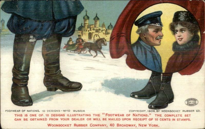 Woonsocket Rubber Co Footwear of Nations RUSSIA NYC Overprint Postcard