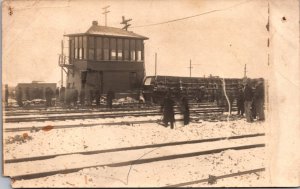 Real Photo Postcard Railroad Train Crash Into Tower Station Wreckage Snow