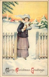 CHRISTMAS Pretty Young Girl in Snow c1910 Postcard
