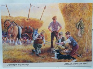 Farmworkers Enjoy a Break from Harvesting with Their Collie Dog Vtg Art Postcard