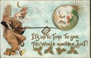 New Year's Father Time World Globe Hourglass Gilt Embossed c1900s-10s Postcard