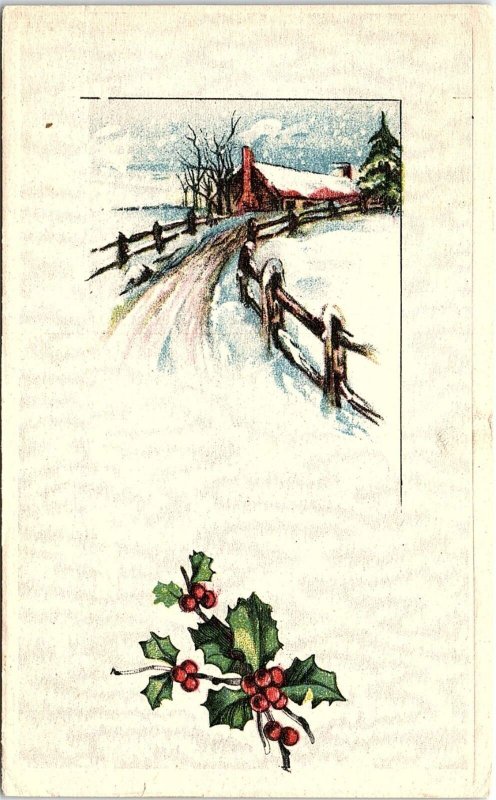 c1910 CHRISTMAS DRIVEWAY HOME SNOW SCENE BIJOU MINNESOTA POSTCARD 41-182