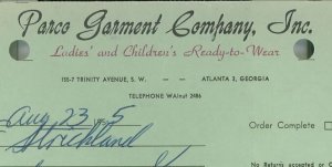 1955 Parco Garment Company Inc Trinity Ave Atlanta GA Clothes Invoice 323