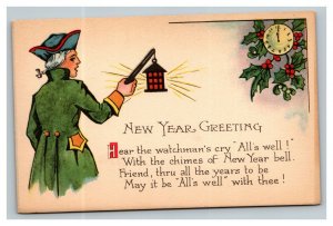 Vintage 1910's Gibson New Year's Postcard Colonial Soldier Lantern Mistletoe