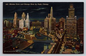 Wacker Drive And Chicago RIver By Night Illinois Unposted Linen Postcard