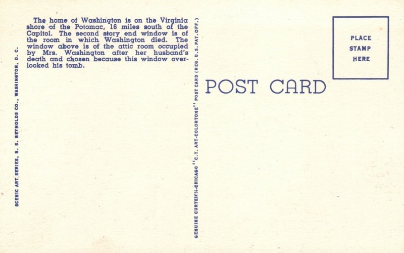 Vintage Postcard 1920's George Washington's Mansion Mount Vernon Virginia VA