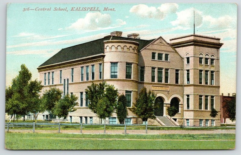 Kalispell Montana~Central Public School~Round Tower~Young Trees~Clouds~c1910 PIC