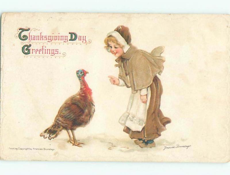 Pre-Linen Thanksgiving signed FRANCES BRUNDAGE - GIRL LOOKS AT TURKEY AB4369