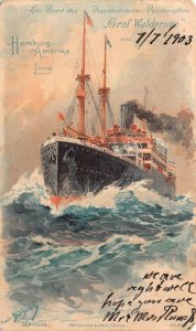 HAMBURG AMERICA LINE GRAF WALDERSEE SHIP GERMANY SEA POST CANCEL POSTCARD 1903