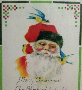 Christmas Postcard Santa With Bluebird On Hat Original Vintage Lewiston Maine