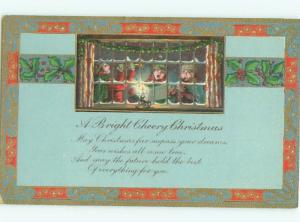 Pre-Linen Christmas PEOPLE SINGING CAROLS IN THE WINDOW AB5928