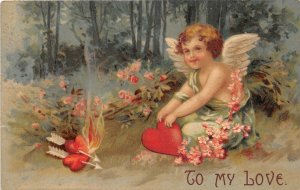 H43/ Valentine's Day Love Holiday Postcard c1910 Cupid Heart Fire 1