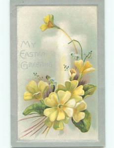 Pre-Linen easter religious FUZZY JESUS CROSS IN THE HAZE BEHIND FLOWERS J2226