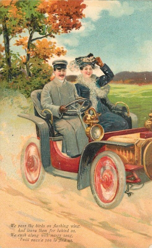 Postcard 1908 Early Auto PFB Road Trip Romance artist impression 23-2235