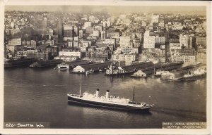 RPPC Seattle WA Harbor, Pacific Aerial Survey, Cruise Ship, Ocean Liner, 1930-50