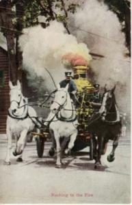 3 HORSE FIRE WAGON  / Rushing to the Fire  postcard