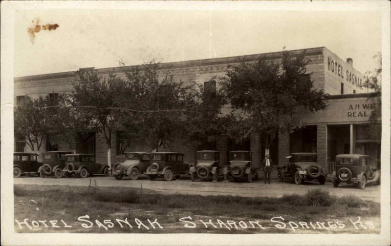Sharon Springs Kansas KS Hotel Sasnak Cars in Front Real Photo Postcard