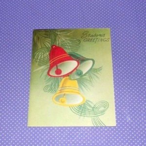 Vtg Vintage Christmas Card A-Meri Green Yellow Red Bells Pine Branch #182