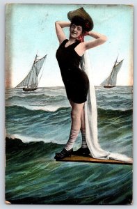 Bathing Suit Girl On Wooden Plank—Antique Beach