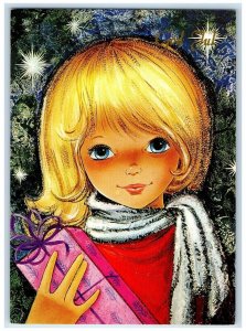 c1930's Merry Christmas Pretty Girl Holding Gift Norway Vintage Postcard