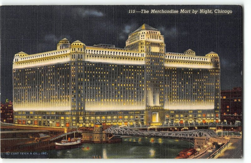 Merchandise Mart building by Night, Chicago IL - 1943 Postcard to Camp Wallace