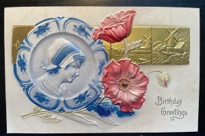 Vintage Victorian Postcard 1901-1910 Birthday Greetings - Blue China Plate