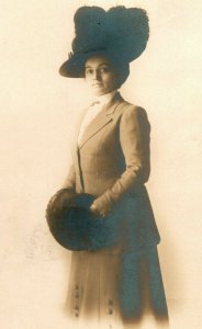 Vtg Postcard RPPC 1904-18 Edwardian Woman Studio View Huge Hat & Big Muff UNP