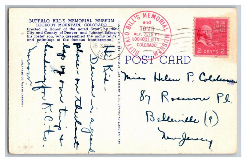 c1953 Postcard CO Buffalo Bill's Memorial Museum Lookout Mountain Colorado 