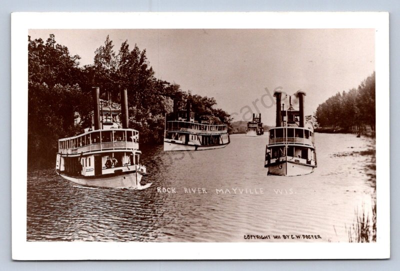 J90/ Mayville Wisconsin RPPC Postcard c40-50s Rock River Steamboats 289