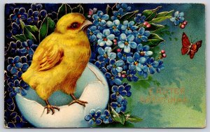 Easter~Chick Balances on Egg Shell~Bright Bold Forget-Me-Nots~Butterfly~Gold Emb